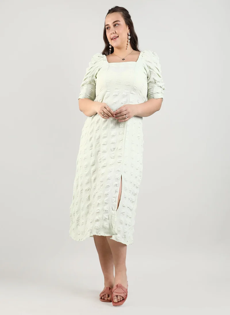 Instafab Plus Women's Sage Green Creased Midi Dress For Casual Wear | Square Neck | Short Sleeve | Pull On Closure | Plus-Size Dress Crafted With Comfort With For Everyday Wear