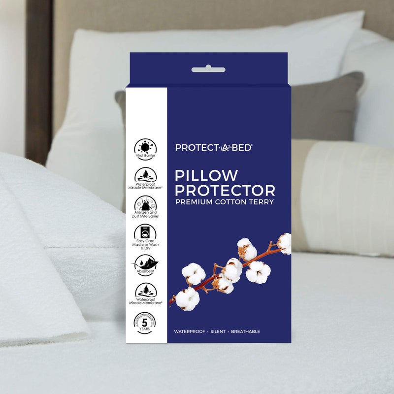 Protect-A-Bed, Premium Cotton Terry Pillow Protector, Zippered, Waterproof, 1-Pack, Queen Size - Image 1