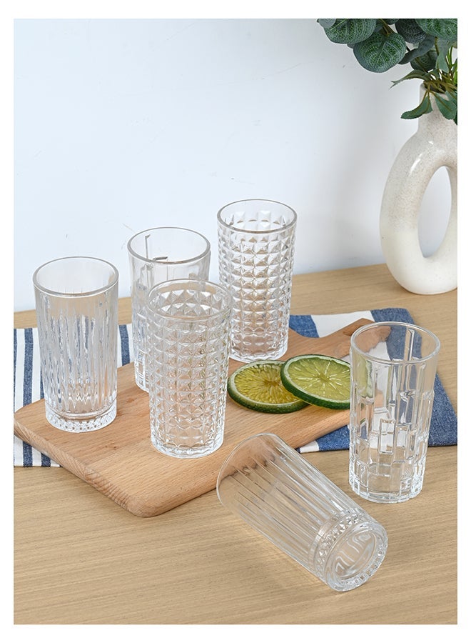 Ollieroo كؤوس هاي بال بنقوش بارزة، مجموعة من 6 كؤوس شرب بتصميم مختلط، 280 مل أكواب شرب متينة للكوكتيليات، الماء، العصير، البيرة، النبيذ - مجموعة زجاجيات إصدار خاص، آمنة للغسل في غسالة الصحون - Image 1