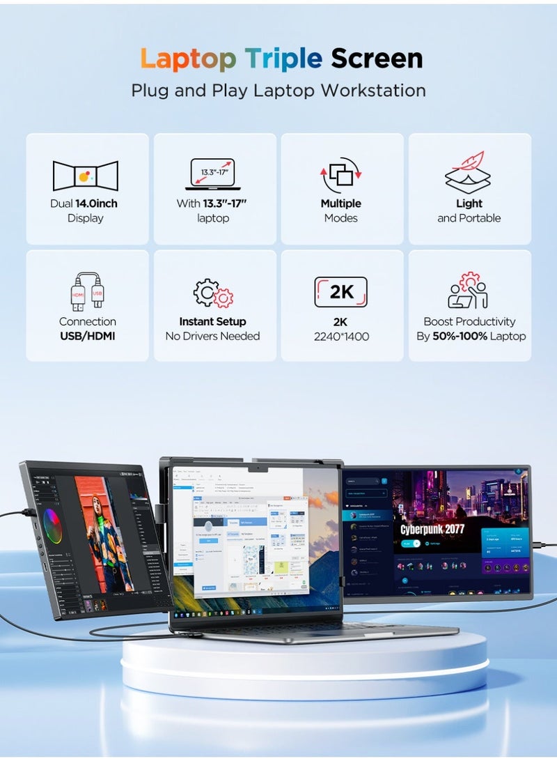UPERFECT G12 14" 2K Dual Portable Monitor | 100% sRGB Colors | 180° Auto Rotation | Dual Mini HDMI/ USB-C Ports | Anti-Blind IPS Screen - Image 2