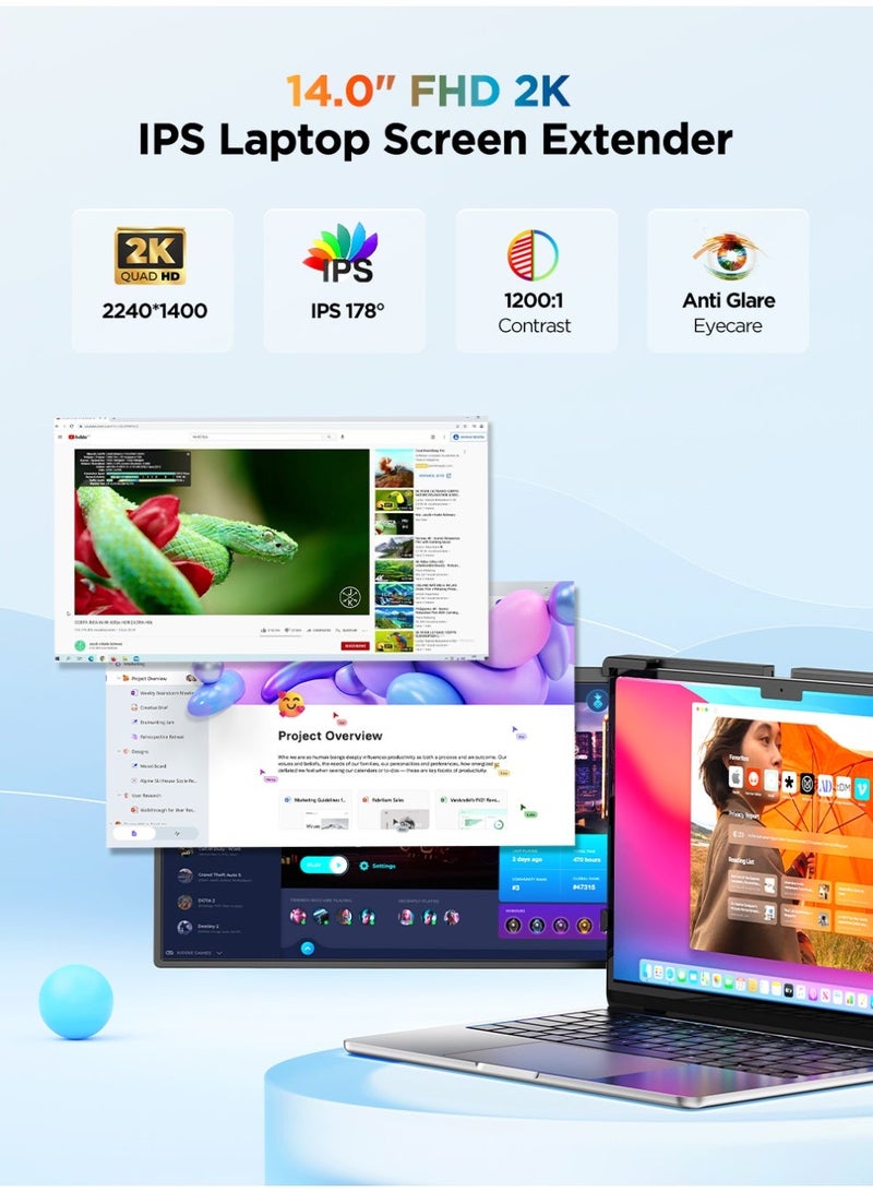 UPERFECT G12 14" 2K Dual Portable Monitor | 100% sRGB Colors | 180° Auto Rotation | Dual Mini HDMI/ USB-C Ports | Anti-Blind IPS Screen - Image 3