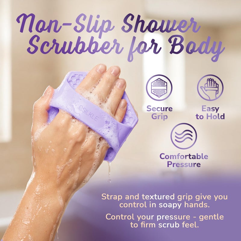 SILKLE Silicone Body Scrubber â€“ Gentle Exfoliating Shower Scrubber for Body & Bath, Silicone Shower Brush & Loofah Alternative â€“ Non-Slip Silicone Body Brush, Quick Dry, Hygienic - Purple - Image 4