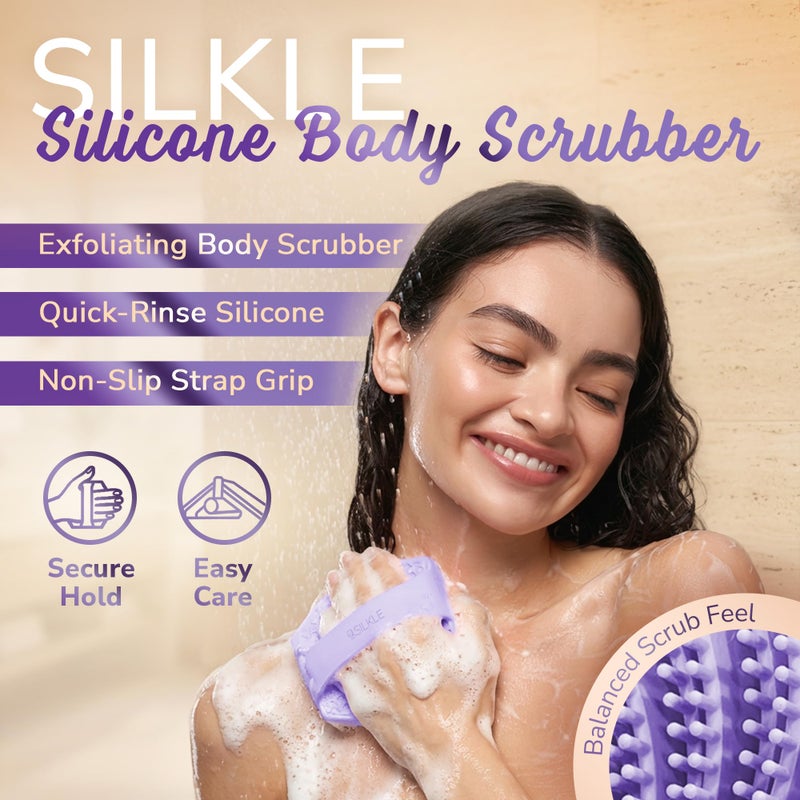 SILKLE Silicone Body Scrubber â€“ Gentle Exfoliating Shower Scrubber for Body & Bath, Silicone Shower Brush & Loofah Alternative â€“ Non-Slip Silicone Body Brush, Quick Dry, Hygienic - Purple - Image 2