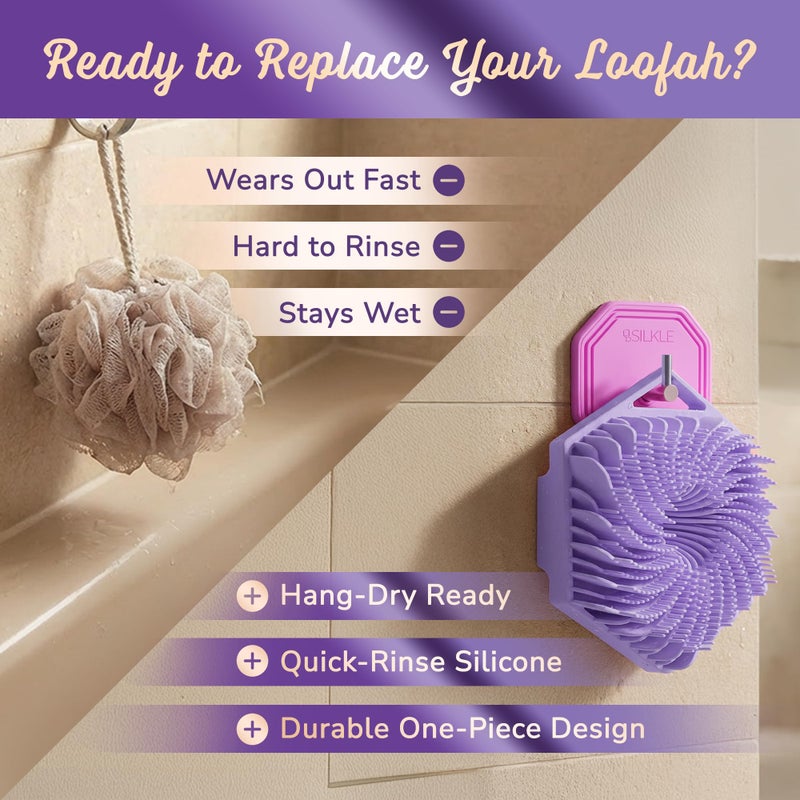 SILKLE Silicone Body Scrubber â€“ Gentle Exfoliating Shower Scrubber for Body & Bath, Silicone Shower Brush & Loofah Alternative â€“ Non-Slip Silicone Body Brush, Quick Dry, Hygienic - Purple - Image 3