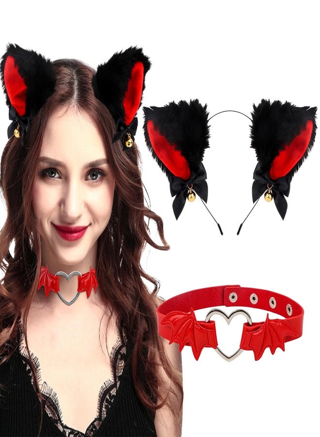 Amariver Fax Cat Ear Headband and Red Leather Choker with Heart Animal Headband for Halloween Cosplay Accessories Set for Theme Party Fluffy Cat Ear Hair Band with Bells - Image 1