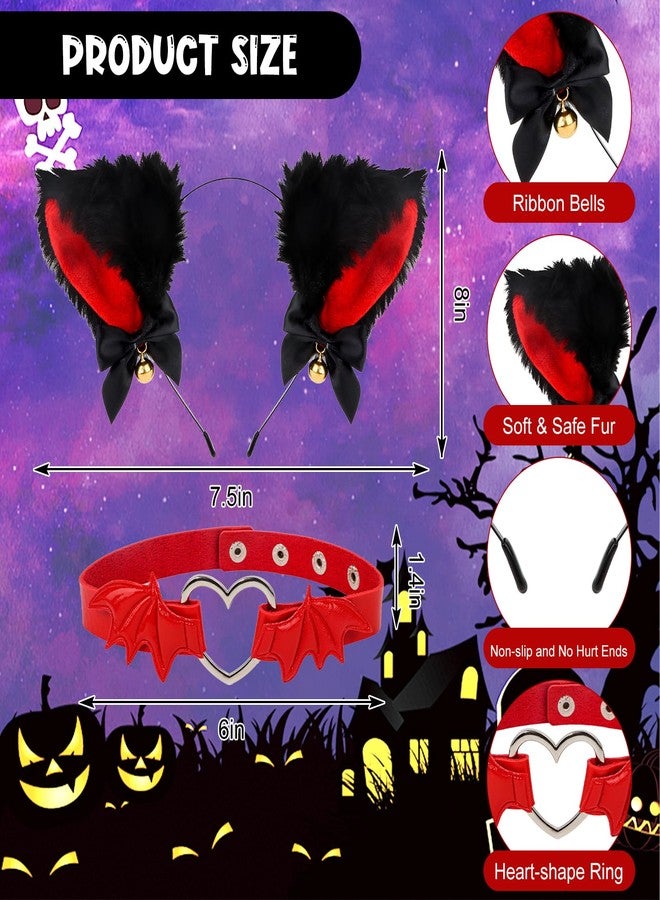 Amariver Fax Cat Ear Headband and Red Leather Choker with Heart Animal Headband for Halloween Cosplay Accessories Set for Theme Party Fluffy Cat Ear Hair Band with Bells - Image 2