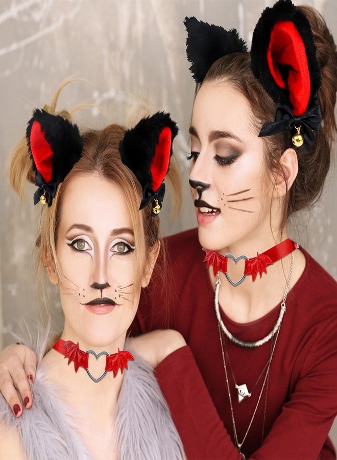 Amariver Fax Cat Ear Headband and Red Leather Choker with Heart Animal Headband for Halloween Cosplay Accessories Set for Theme Party Fluffy Cat Ear Hair Band with Bells - Image 4