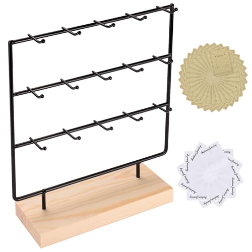 RNTBWD Earring Display Stands for Selling, 3 Tier 15 Hooks Wood Jewelry Organizer Rack for Earrings, Necklaces, Rings, Bracelets, Keychains - Compact for Countertop, Boutique, Trade Shows (Black) - Image 1