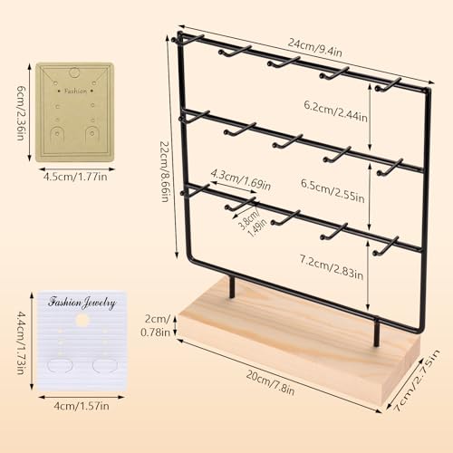 RNTBWD Earring Display Stands for Selling, 3 Tier 15 Hooks Wood Jewelry Organizer Rack for Earrings, Necklaces, Rings, Bracelets, Keychains - Compact for Countertop, Boutique, Trade Shows (Black) - Image 2