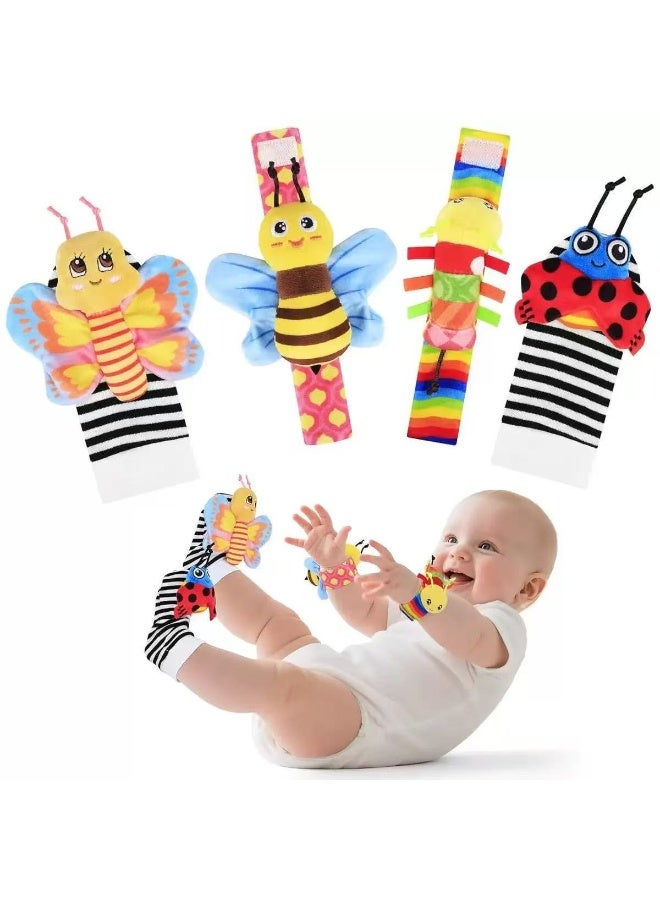 4Pcs Baby Cartoon  Animal Wrist Rattles & Foot Finder Socks Set – Soft Infant Wristbands and Socks for Early Learning & Sensory Development - Image 1