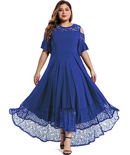 LALAGEN Womens Plus Size Casual Lace Cold Shoulder Long Plain Evening Party Maxi Dress Blue 1X - Image 4