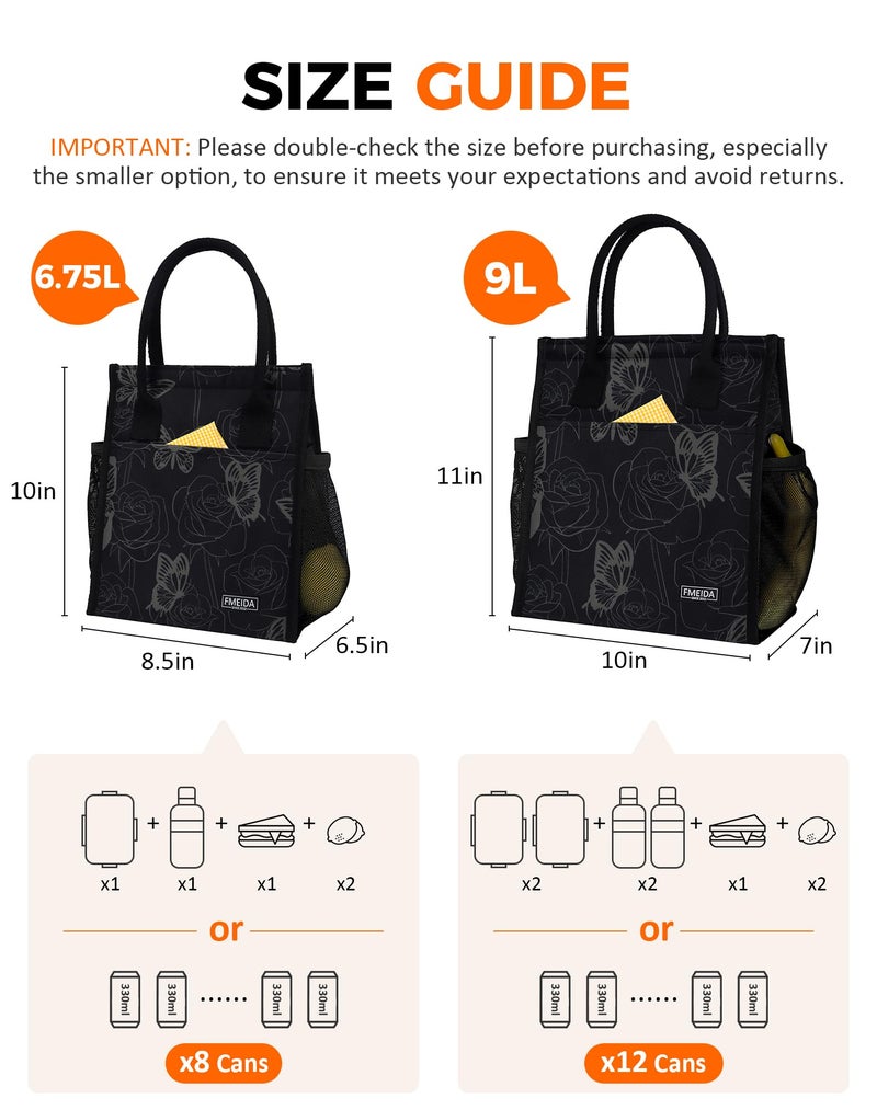 Fmeida Insulated Lunch Bag Women, 9L Large Lunch Bags with Multiple Pockets, Reusable Thermal Cooler Tote for Work, Office, Picnic, Travel | Hook and Loop Closure, Butterfly - Image 2