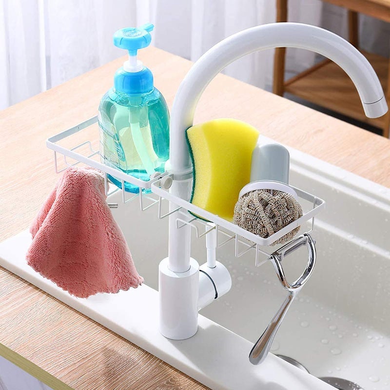 Dayish Dayish 2 Pcs Kitchen Adjustable Sink Faucet Shelf Stainless Steel Drain Rack for Soap Sponge Clip Hanging Holder Dishcloth Towel Rack - Image 3