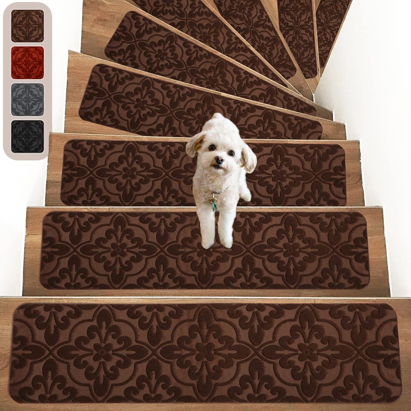 MATAHUM Non-Slip Carper Stair Treads for Wooden Steps Indoor Self Adhesive Stair Rugs 8"x30", Peel and Stick Stair Runners for Dogs, Kids, and Elder, 15PCS Brownâ€¦ - Image 1