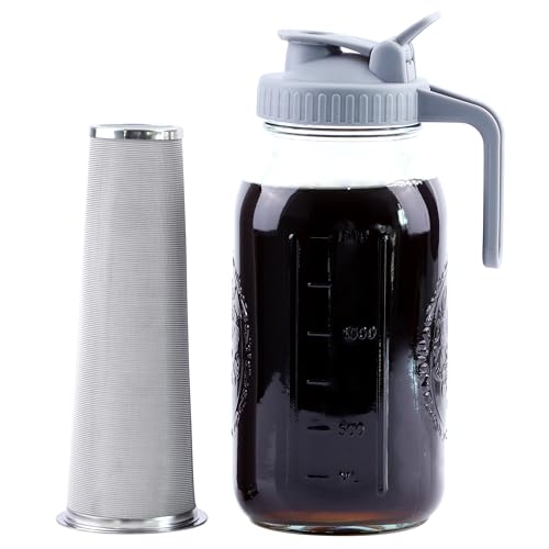 GMSWEET Cold Brew Coffee Maker 64 Oz Mason Jar Cold Brew Pitcher With Strainer Half Gallon Wide Mouth Glass Iced Coffee Maker With Spout Lids 2 Quart Glass Pitcher For Fridge, Sun Tea, Lemonade, Cold Brew - Image 1