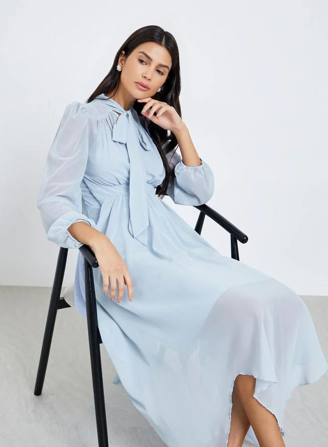 Styli Blue Balloon Sleeve Tie Up Neck Midi Dress