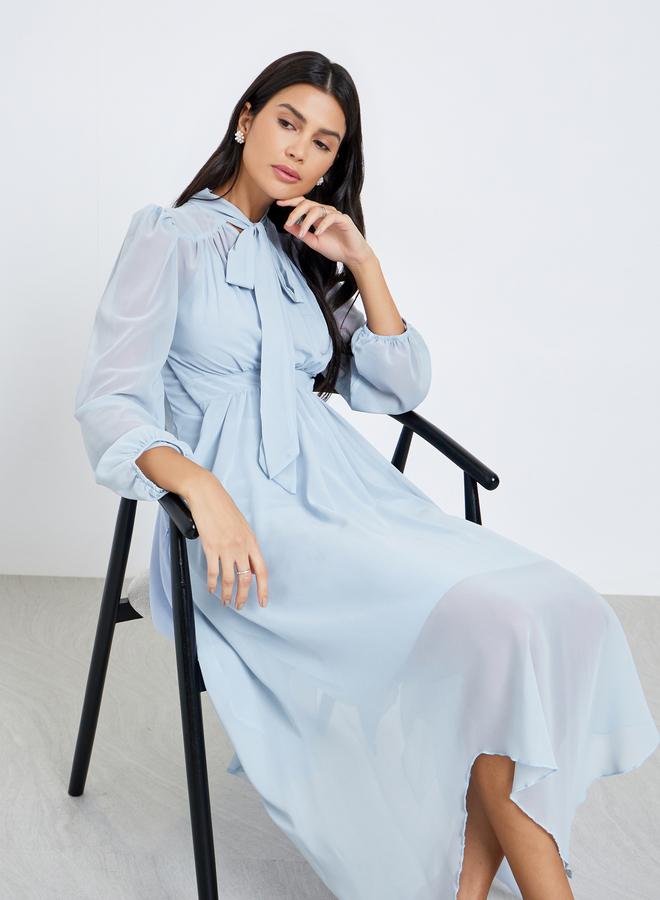Styli Blue Balloon Sleeve Tie Up Neck Midi Dress - Image 1