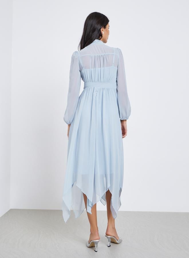 Styli Blue Balloon Sleeve Tie Up Neck Midi Dress - Image 4