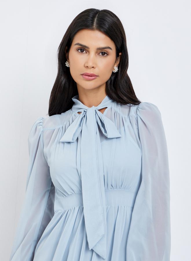Styli Blue Balloon Sleeve Tie Up Neck Midi Dress - Image 3