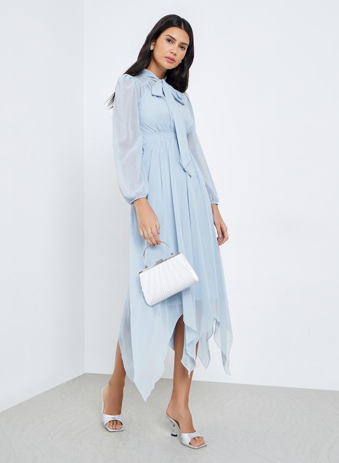 Styli Blue Balloon Sleeve Tie Up Neck Midi Dress - Image 2