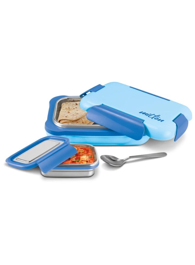 MILTON More Meal Large Steel Kids Lunch Box, Inner Stainless Steel Insulated Containers with Clip Lock Lid, 770ml & 175 ml, Airtight, Leakproof, for School & Picnic, Blue - Image 1