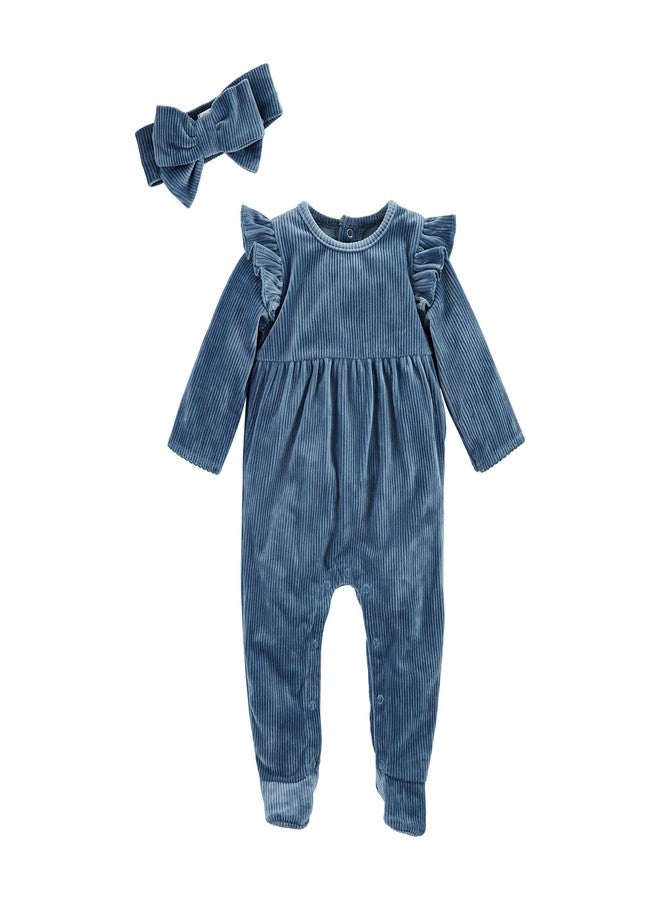 Mud Pie Baby Girl Sleeper Set, Navy Rip Velour - Image 1
