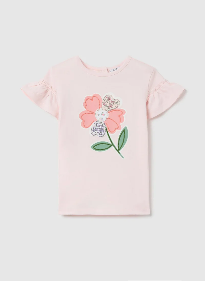 او في اس T-Shirt With Patchwork-Effect Flower Application