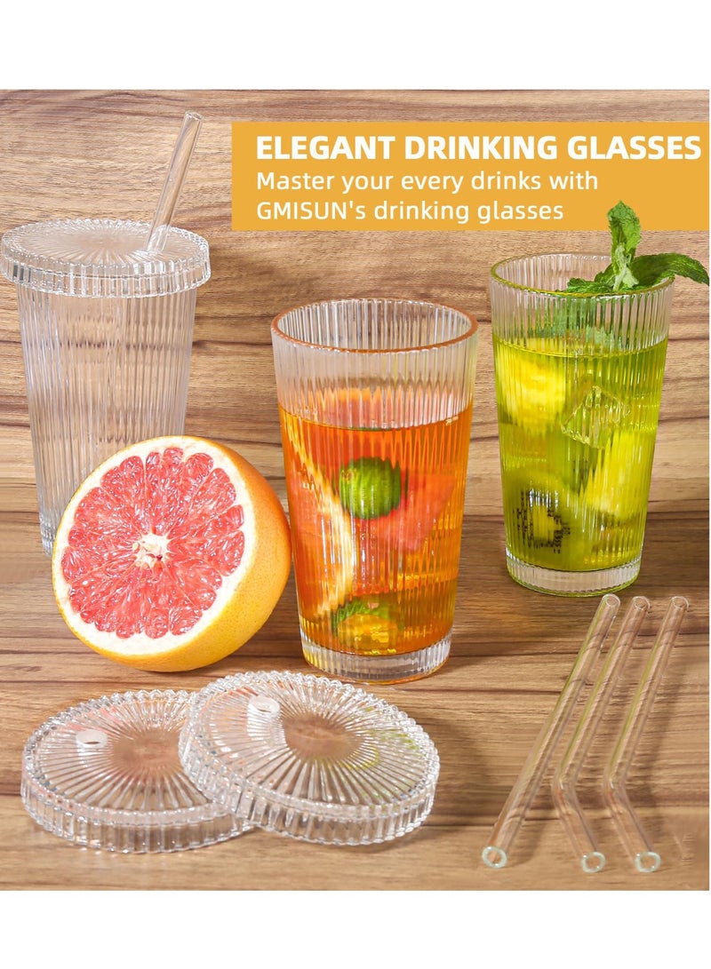 Excefore Iced Coffee Cups , Ribbed Glassware with Lids and Straws, Drinking Glasses Set of 4, Vintage Glassware Glasses 14oz for Iced Coffee  - Image 3