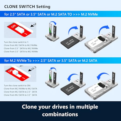 AOKO M.2 NVMe to M.2 SATA and 2.5”/3.5” SSD/HDD Clone Docking Station, USB-C 10Gbps Hard Drive Reader & Two-Way Offline Cloning Dock for M.2 SATA NVMe SSD +2.5/3.5 SATA Hard Drive Duplicator - Image 2