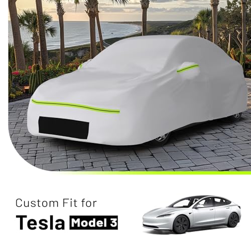 Favoto Car Cover for Model 3 - Custom Fit for Tesla Model 3 Cover 6 Layers Waterproof All Weather Outdoor Rain Snow Sun Protection with Charging Port Ventilated Mesh Door Zipper - Image 2