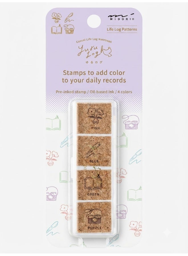 MIDORI Yuru Log Pre-Inked Stamp Set Life Pattern 35617006, compact case, four-colour daily-life set, Multicolour, Pre-Inked Stamp, 1 set for daily logs - Image 2