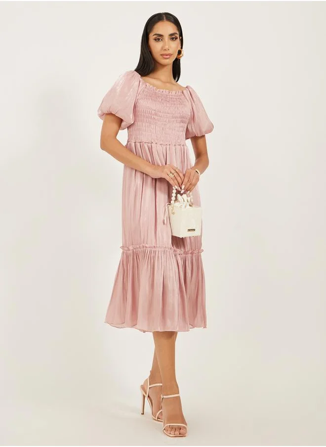 Styli Plain Smocked Balloon Sleeves A-Line Midi Dress