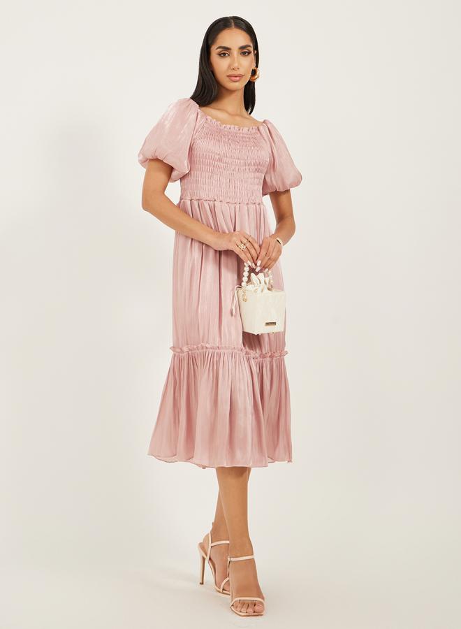 Styli Smocked Satin Midi Dress - Image 1