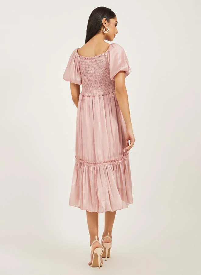 Styli Smocked Satin Midi Dress