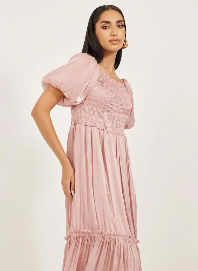Styli Smocked Satin Midi Dress