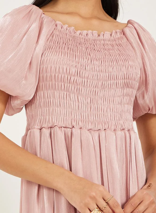 Styli Smocked Satin Midi Dress