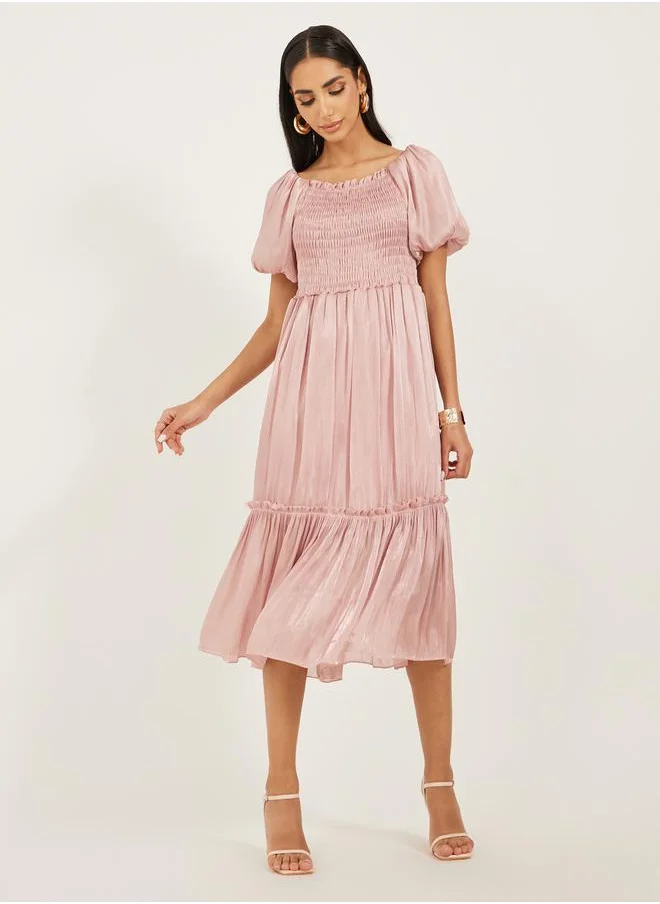 Styli Plain Smocked Balloon Sleeves A-Line Midi Dress