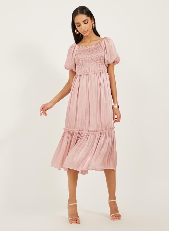 Styli Smocked Satin Midi Dress - Image 2