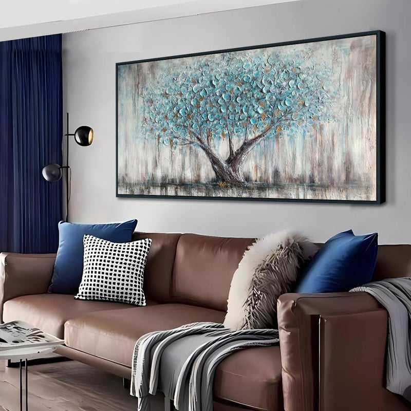 Arjun Framed Blue Tree Canvas Wall Art for Living Room Tree of Life Abstract Bedroom Textured Painting Nature Picture Landscape Artwork Home Office Decor Black Wood Large 40x20