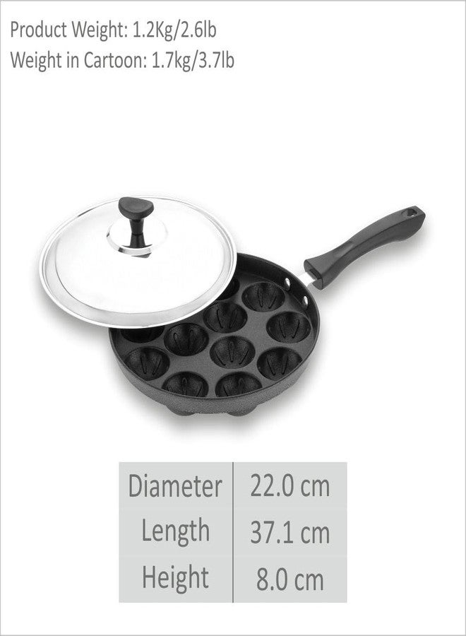 VIDORA Appam Patra with Stainless Steel Lid | 12 Cavity Non-Stick Pan| Heavy Duty Aluminum| Single Handle with SS Lid | Appam pan | Litti Maker | Black - Image 4