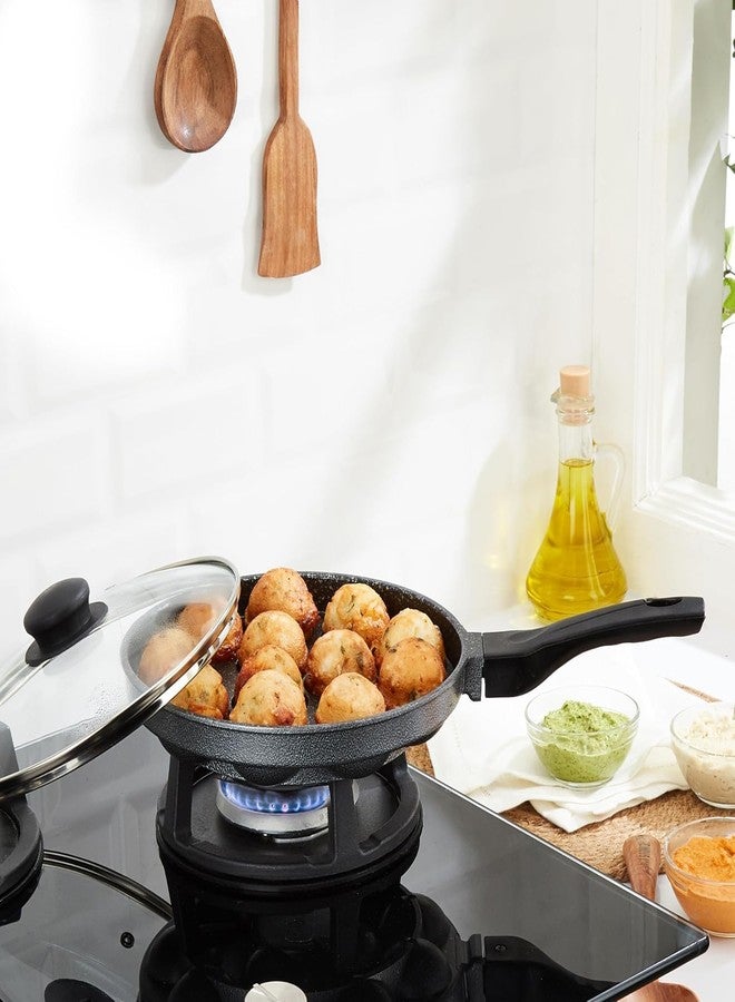 VIDORA Appam Patra with Stainless Steel Lid | 12 Cavity Non-Stick Pan| Heavy Duty Aluminum| Single Handle with SS Lid | Appam pan | Litti Maker | Black - Image 3