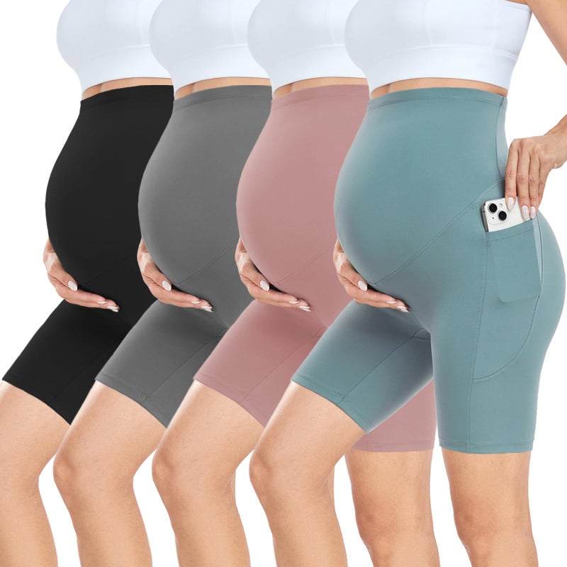 CTHH 4 Pack Maternity Shorts Over Belly with Pockets - 8" Pregnancy Biker Shorts Workout Yoga Pregnant Pants for Athletic Work Active Running Swim Gifts Lounge Casual, Black/Grey/Pink/Cyan, M - Image 1