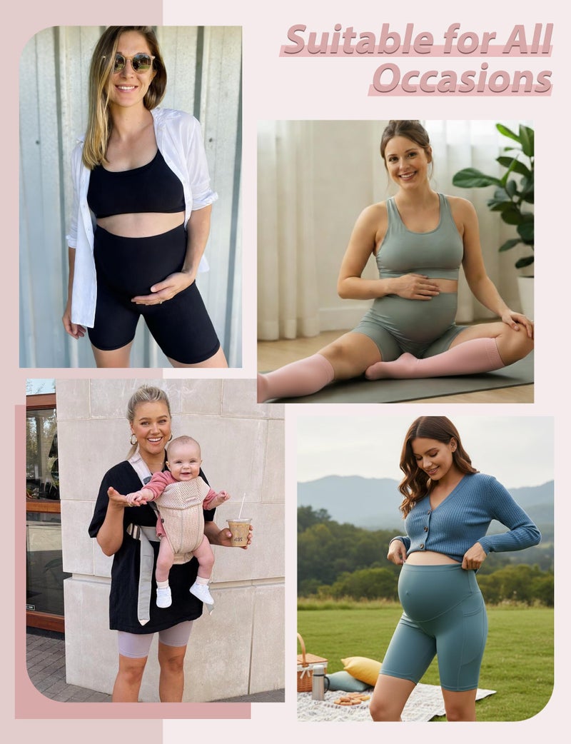 CTHH 4 Pack Maternity Shorts Over Belly with Pockets - 8" Pregnancy Biker Shorts Workout Yoga Pregnant Pants for Athletic Work Active Running Swim Gifts Lounge Casual, Black/Grey/Pink/Cyan, M - Image 2