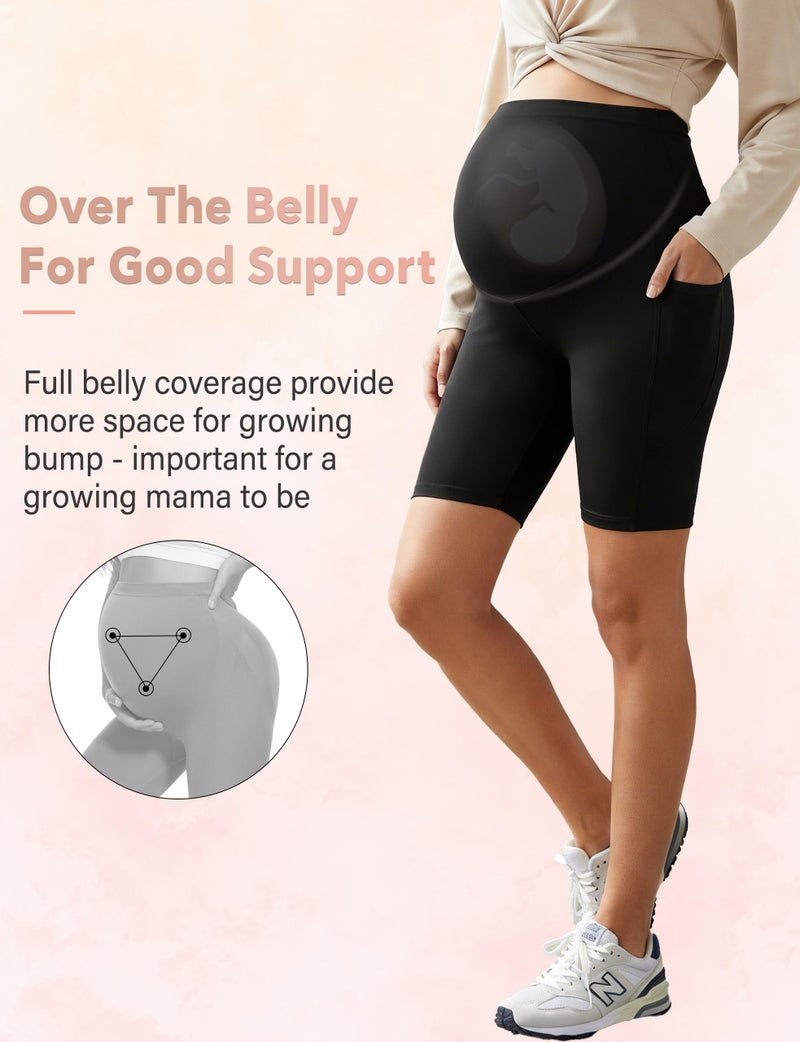CTHH 4 Pack Maternity Shorts Over Belly with Pockets - 8" Pregnancy Biker Shorts Workout Yoga Pregnant Pants for Athletic Work Active Running Swim Gifts Lounge Casual, Black/Grey/Pink/Cyan, M - Image 4