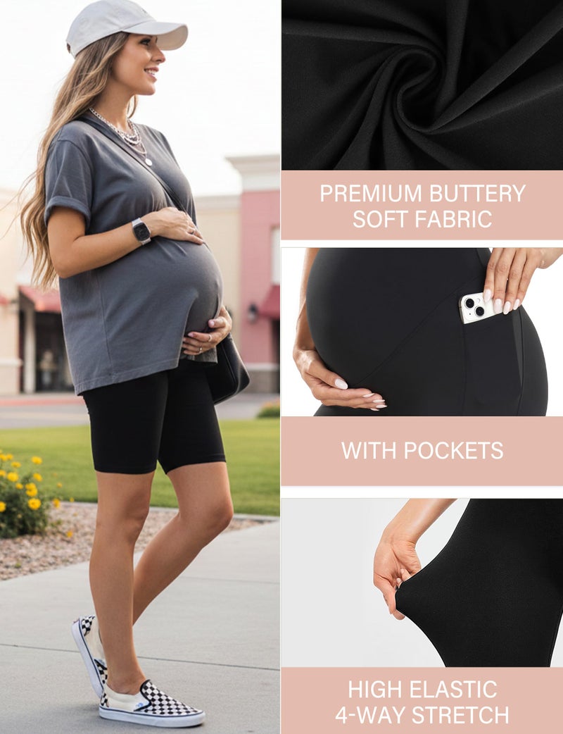 CTHH 4 Pack Maternity Shorts Over Belly with Pockets - 8" Pregnancy Biker Shorts Workout Yoga Pregnant Pants for Athletic Work Active Running Swim Gifts Lounge Casual, Black/Grey/Pink/Cyan, M - Image 5