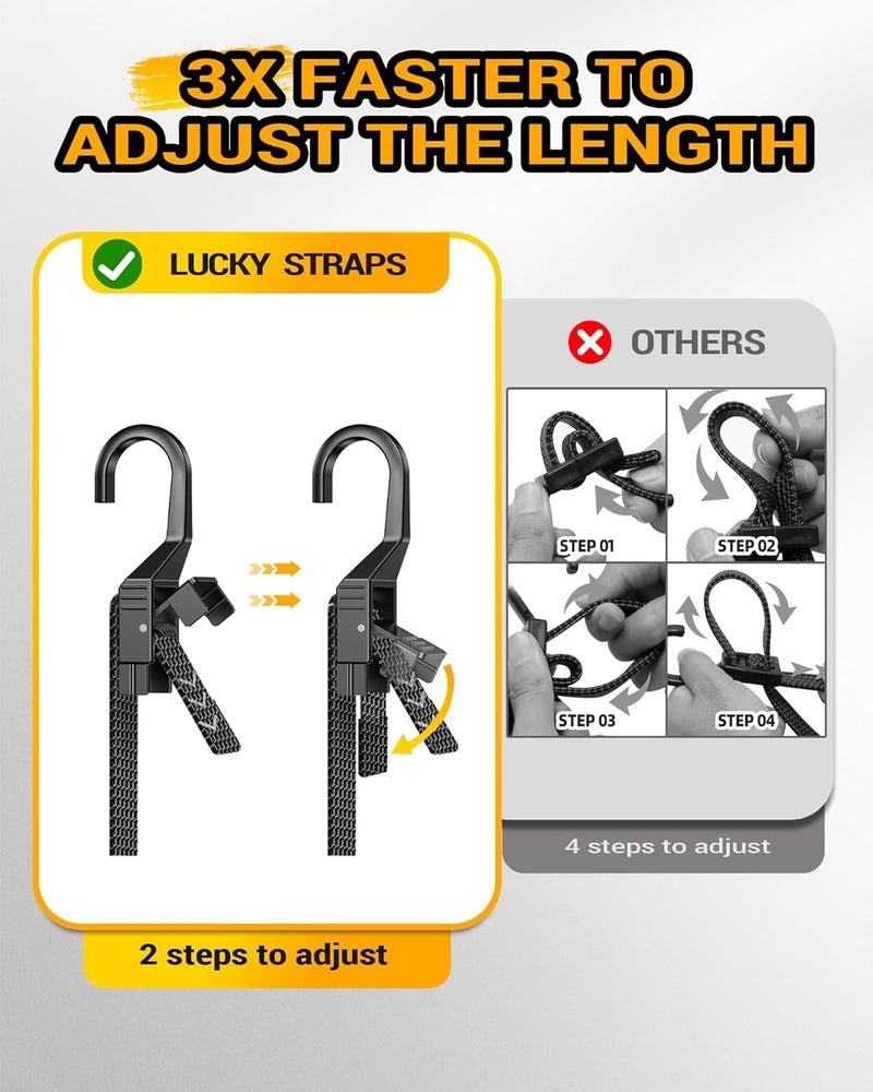 LuckyStraps 6 Pcs 48 Inch Flat Adjustable Bungee Cords with Hooks, 3X Faster to Adjust The Length, Lucky Straps Black Heavy Duty Bungee Straps for Cargo, Bike, Cart, Tent, Truck, Camping, Outdoor, etc Occasional & permanent usable - Image 2