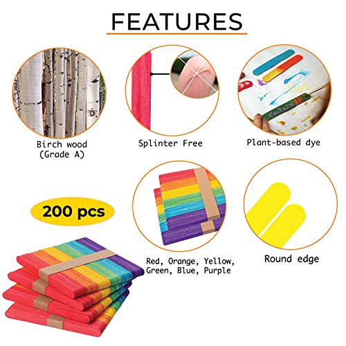 Apremont 200 pcs Colored Wooden Craft Sticks, Popsicle Stick, Arts and Crafts, Best for DIY Games Making, Building Designs or Kids Education, 4.5 inch Long (4.5 Inches, Mixed Colors) - Image 3