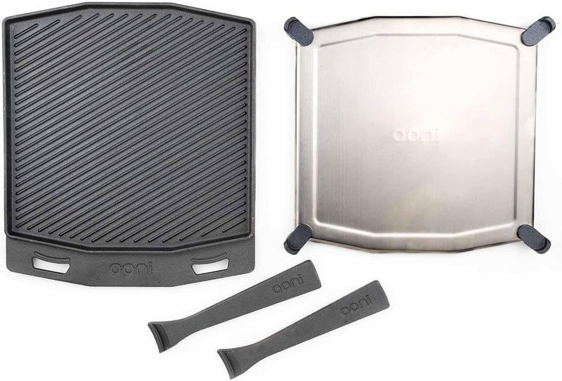 ooni Cast Iron Dual-Sided Grizzler Plate - 37 x 33cm Reversible Griddle with Removable Handle and Stainless Steel Trivet, Pre-Seasoned Non-Stick Oven Safe Cookware, Pizza Oven and BBQ Accessories - Image 1