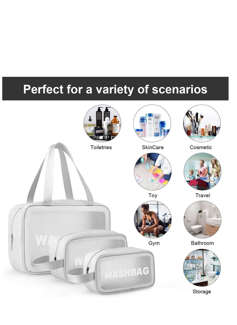 MIXDE Clear Toiletry Bag Set for Women Men, Translucent Waterproof Travel Makeup Bag with Handle, Large Capacity Sturdy & Leak Resistant Cosmetic Bag Pouch for Traveling,3PACK (WHITE)  - Image 4