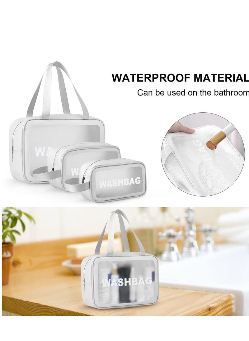 MIXDE Clear Toiletry Bag Set for Women Men, Translucent Waterproof Travel Makeup Bag with Handle, Large Capacity Sturdy & Leak Resistant Cosmetic Bag Pouch for Traveling,3PACK (WHITE)  - Image 3